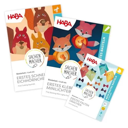 Haba Kreativset 3er Bastelsets Erstes Basteln Herbst - Kreativkästen für Kinder, ideal für erste Bastelübungen im Herbst mit farbenfrohen Drachen, süßen Eichhörnchen und stimmungsvoller Lichtdeko.