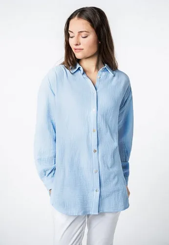 SUBLEVEL Langarmbluse - Modische Oversize Musselin Bluse in Light-Blue - Stylische Bluse aus 100% Baumwolle, perfekt für lässige Looks. Oversize Passform und Kentkragen für einen modernen Touch.
