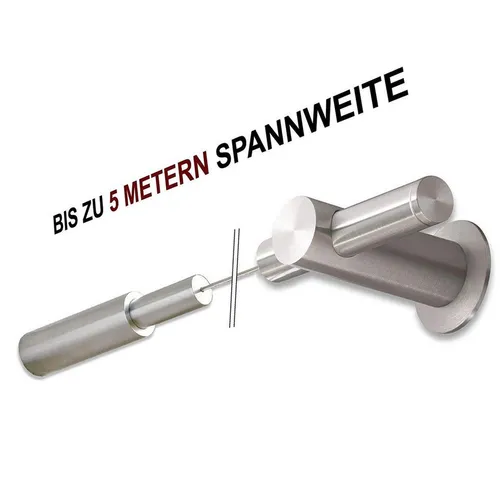 PHOS Design Seilspanngarnitur axial-laterales Seilspannsystem aus Edelstahl - Hochwertiges Seilspannsystem für Gardinen mit flexibler Montage an Wand oder Decke. Spannweite bis zu 5 Meter und individuell anpassbare Seillängen.
