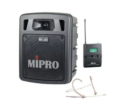 Mipro MA-300 Portable-Lautsprecher mit Taschensender & Headsetmikrofon - Mobiles Beschallungssystem mit 60 W Leistung, ideal für Veranstaltungen. Integrierter Bluetooth-Player und bis zu 10 Stunden Akkulaufzeit für flexible Anwendungen.