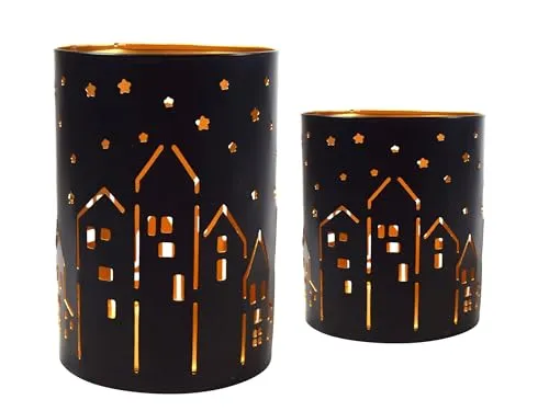 Windlicht mit Häuserreihe | schwarz Gold | Laterne Herbst Winter | 10-15 cm 2 x
