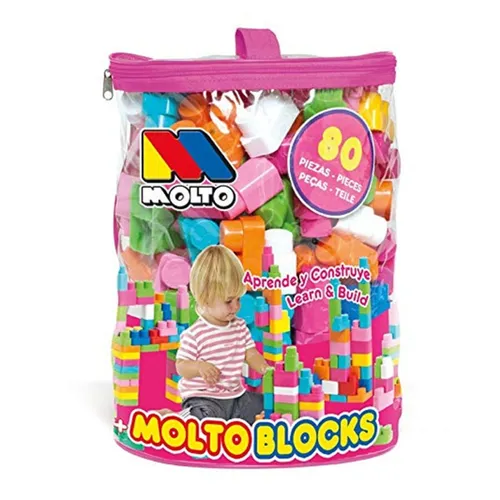 M MOLTO Beutel mit Spielzeugbausteinen (80 Stück, Rosa) - Bauspielzeug & Konstruktionsspielzeug, fördert kreatives Lernen und einfache Aufbewahrung in praktischer Reißverschlusstasche.