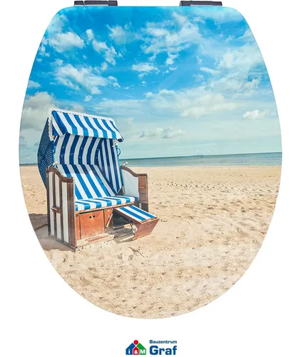 CORNAT WC-Sitz SONNENBAD mit Absenkautomatik - WC-Sitz mit Absenkautomatik, aus Holz und mit einem bunten Bildmotiv, ideal für ein fröhliches Badezimmerambiente.