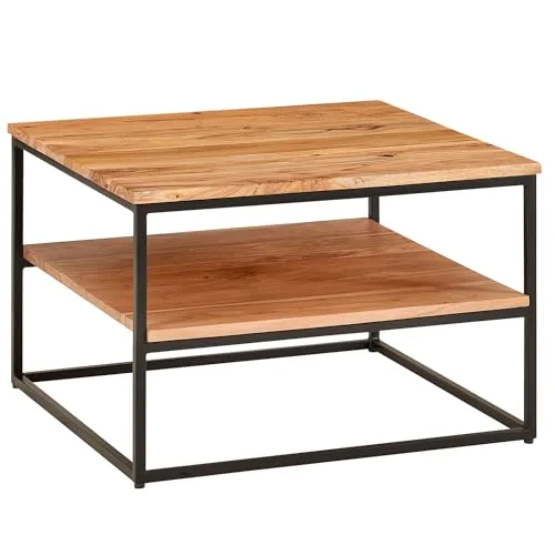 FineBuy Couchtisch 60x60x41 cm - Massivholz & Metall - Beistelltisch fürs Wohnzimmer mit praktischem Stauraum, ideal für entspannte Abende. Massive Akazienholzplatte und robustes Eisen sorgen für Langlebigkeit und Stil.