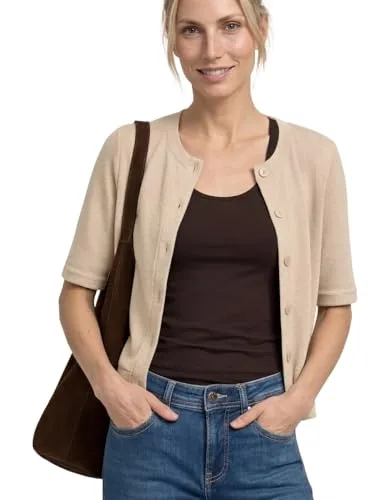 Street One Damen Kurzarm Jacke im Strick-Look - Moderne Jacke im Cardigan-Stil mit Rundhalsausschnitt und durchgehender Knopfleiste. Ideal für den Alltag, bietet sie eine angenehme Passform durch den hochwertigen Viskosemix.