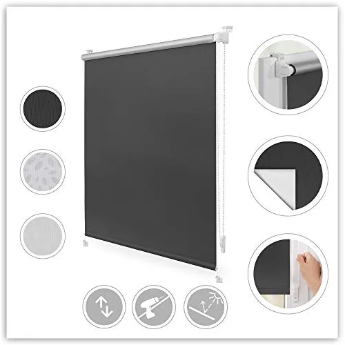 Lichtblick RKS.080.150.04 Verdunkelungsrollo Thermo-Rollo Klemmfix ohne Bohren mit Seitenverspannung Sichtschutz Hitzeschutzrollo Anthrazit, 80 cm x 150 cm (B x L)