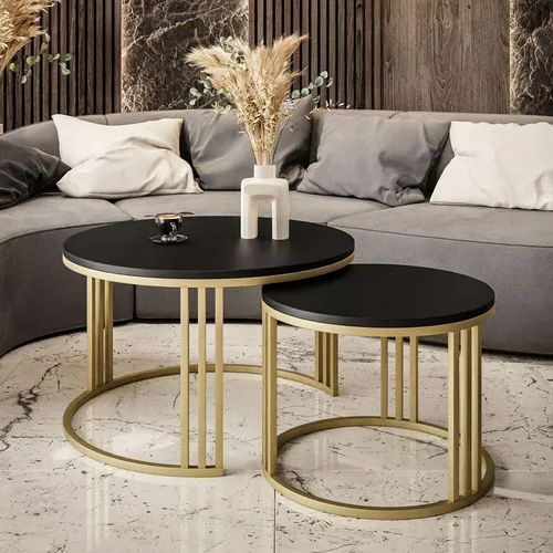Runder Couchtisch 2in1 LORI in matt schwarz mit goldenem Gestell