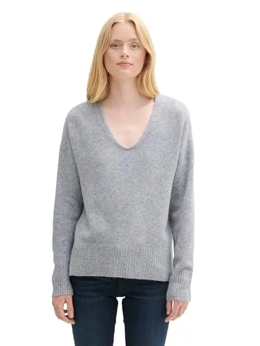 TOM TAILOR Denim Damen Basic Strickpullover mit V-Ausschnitt - Pullover für Damen, klassischer Relaxed Fit aus weichem Material mit recyceltem Polyester, ideal für kalte Herbst- und Wintertage.