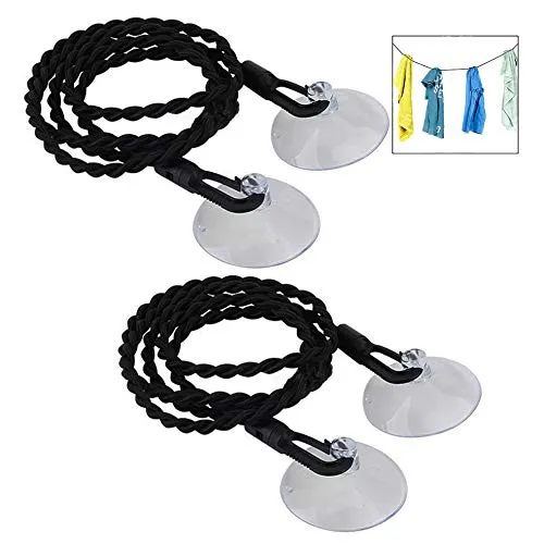 Xrten 2 Stück Wäscheleine, Flexible Camping Outdoor Wäscheleine mit Haken und Saugnapf-Befestigungen, Schwarz