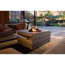 Happy Cocooning Mania Feuertisch 19,5 kW - Gasgrill für gemütliche Abende im Freien, aus hochwertigem Teakholz und wetterfestem Verbundstoff, bietet Wärme auf Knopfdruck und regulierbare Flammengröße.