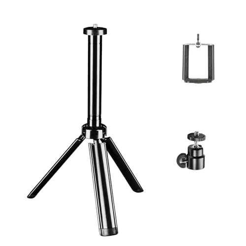 Walimex pro Easy 38 Tischstativ und Kamerastativ, höhenverstellbares Tripod Stativ 4-38 cm für Kameras und Smartphones, Handstativ mit Kugelkopf mit 90° Neigung, Dreibeinstativ inkl. Smartphone-Halter