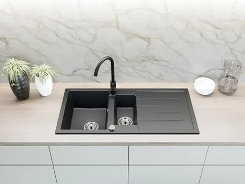 Granitspüle 100x50 cm - Küchenspüle mit 2 Becken und Abtropffläche - Robuste Granitspüle in Schwarz, ideal für moderne Küchen, mit zwei Becken und praktischer Abtropffläche für effizientes Arbeiten.