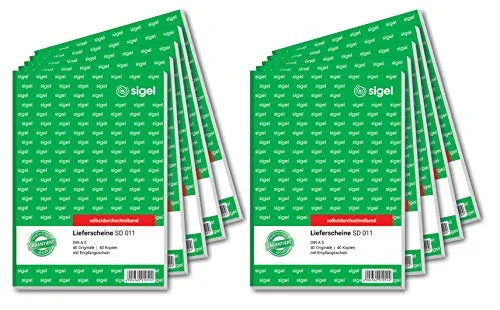 SIGEL SD011/10 Lieferscheine A5 - 10er Pack, selbstdurchschreibend - Quittungsblöcke A5, mikroperforiert mit Abheftlochung für einfaches Abtrennen, aus FSC-zertifiziertem Papier - umweltfreundlich und in Deutschland hergestellt.
