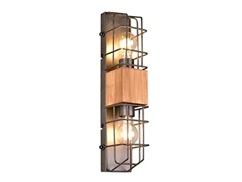 meineWunschleuchte 2-flammige Wandleuchte - Elegante Gitterlampe in Silber antik mit Holzdekor, Höhe 45cm, perfekt für stimmungsvolle Beleuchtung in Wohnräumen.