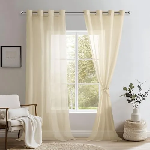 DWCN Sheer Voile Vorhang mit Ösen Gardinen Kurz Durchlässige Vorhänge Weiss Vorhang Transparent, Beige, 240x132cm(HxB)