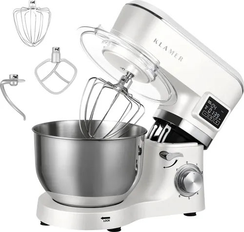 KLAMER Küchenmaschine 1400 W mit 5,5 l Schüssel und digitalem Display - Vielseitige Küchenmaschine für müheloses Vermengen, Kneten und Aufschlagen. Mit 3 Aufsätzen, Spritzschutz und Timer erleichtert sie den Küchenalltag und sorgt für perfekte Ergebnisse.