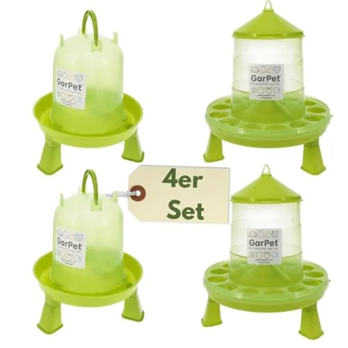 Hühnertränke Set mit Futterautomat – 2x Hühnertränke mit Füßen & Futterspender - Set mit 2 Hühnertränken und Futterautomat für die optimale Futter- und Wasserversorgung. Die erhöhte Tränke sorgt für sauberes Wasser, während der Futterspender das Futter schützt und die Pflege erleichtert.