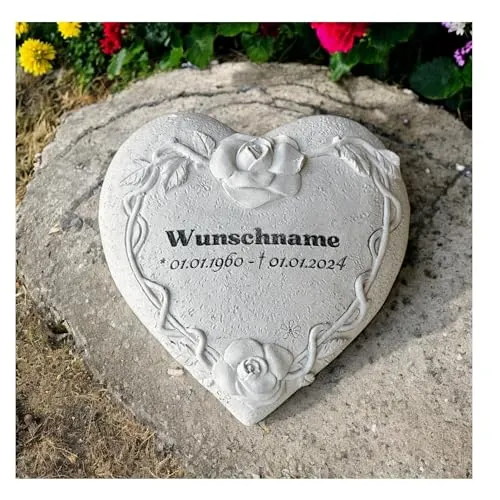 Herz Grabherz mit Rosenranke und Individueller Gravur/Wunschtext- Gedenkstein Grabschmuck Dekoration 14,5 cm Steinguss Natur