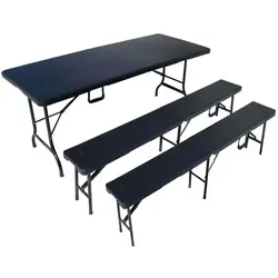 Sitzgarnitur in Rattan-Optik, 1 Tisch + 2 Bänke - Gartenmöbel-Set aus wetterfestem Kunststoff mit Klappmechanismus, ideal für Innen- und Außenbereich. Belastbar bis 400 kg pro Bank, leicht transportierbar dank Tragegriff.