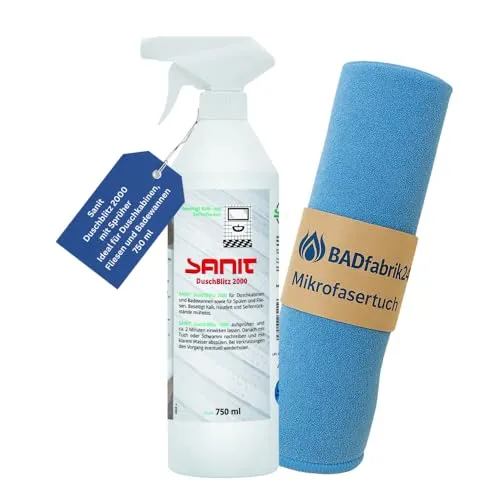 BADfabrik24 Sanit Duschblitz 2000 750 ml mit Sprüher – Badreiniger gegen Kalk & Seifenreste – silikonfrei & waschbar – inkl. Mikrofasertuch 40×40 cm (Art.-Nr. 3015)