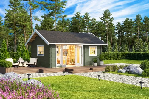 Gartenhaus Blockhaus 40 mm Caroline 2.1 - grün Lasita - Gartenhaus mit 40 mm Wandstärke, abschließbar und isolierverglast. Perfekt für Gartenfreunde, die zusätzlichen Raum und Sicherheit benötigen.