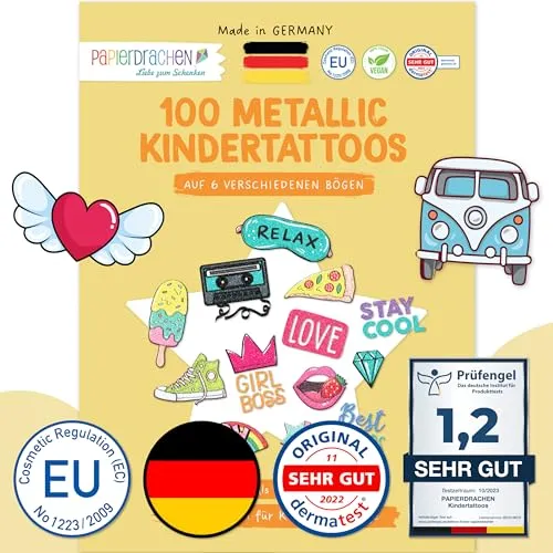 Papierdrachen 100 Metallic-Tattoos für Kinder - Hautfreundliche Kindertattoos Summerjam - als Geburtstagsmitgebsel & Geschenkidee - für Jungen und Mädchen - in Deutschland hergestellt