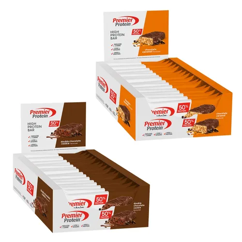 Premier Protein High Protein Bar Bundle – Double Chocolate Cookie & Chocolate Caramel - Proteinreiche Sportriegel mit 50% Protein und nur 0,7 g Zucker pro Riegel. Ideal für den Snack unterwegs! Bundle mit 32 Riegeln in zwei köstlichen Sorten.