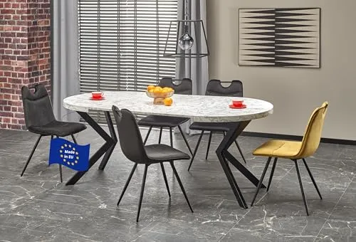 Design Esstisch rund HA-222 Marmor Weiß - Schwarz matt ausziehbar - Esszimmertisch, flexibel ausziehbar von 100 cm auf 250 cm, ideal für gemütliche Abendessen oder große Feiern, vereint stilvolles Design mit hochwertiger Verarbeitung.