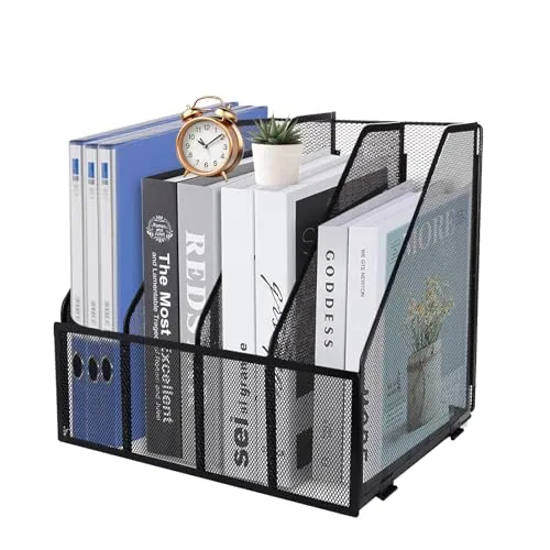 HMXLJJY A4-Zeitschriftensammler aus Netzstoff, 4 Fächer, Dokumentenhalter für Büro, Ordnung, Papier-Organizer, Aktenregal, 4 Fächer, Schwarz