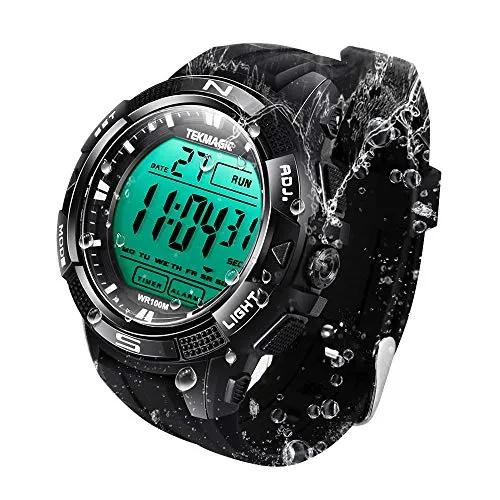 TEKMAGIC Sportuhr, robust, wasserdicht, 10 Atmosphären, zum Tauchen und Schwimmen mit Wecker, Timer, Stoppuhr, Doppelzeit, Kalender, Hintergrundbeleuchtung, Format 12 oder 24 Stunden