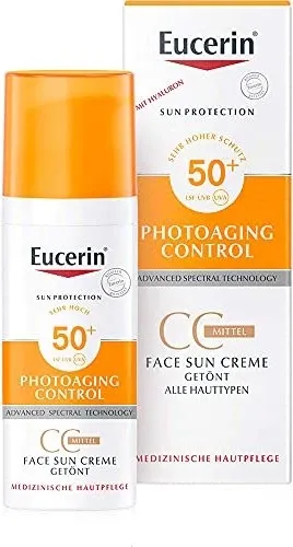 EUCERIN Sun CC Creme getönt mittel LSF 50+ 50 ml - Sonnenschutzmittel mit hoher Lichtschutzfaktor 50+, bietet eine getönte Textur für einen ebenmäßigen Teint und schützt die Haut vor UV-Strahlen.