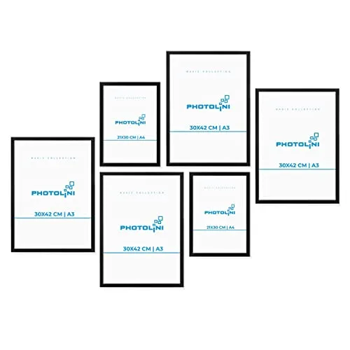 PHOTOLINI schwarze Bilderrahmen Set verschiedene Größen, 6 Bilderrahmen schwarz Holz MDF, Bilder Rahmen mit Acrylglas, No.8 Bilderrahmenset zum Aufhängen, Fotorahmen Set mit Zubehör für Fotos, Poster