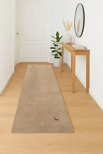 Gabbeh Teppich Läufer 80x295 cm – Handgewebt aus 100% Schurwolle – Orientteppich beige – Moderner Wollteppich für Wohnzimmer, Schlafzimmer & Flur, fußbodenheizung geeignet