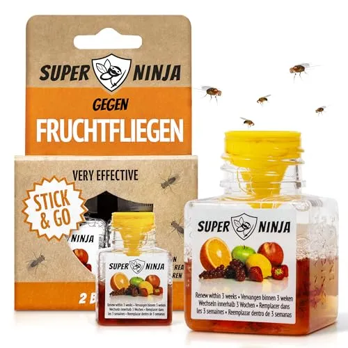 Produktbild Super Ninja Fruchtfliegenfalle für Innenbereich – 2er-Pack, Wirksame Obstfliegenfalle für Haushalt und Küche, bis zu 3 Wochen Leistung pro Flasche, Kinder-und haustierfreundlich