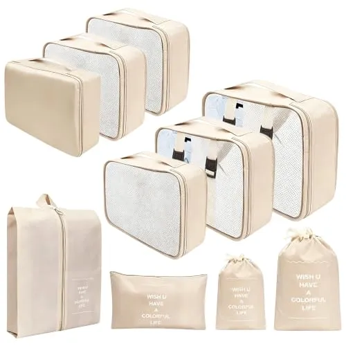Stück Koffer Organizer Set, wasserdichte Packing Cubes, Packwürfel für Reisen und Urlaub, Schuhsack und Kosmetiktaschen, Suitcase Organizer inklusive Kleidersack, Packtaschen für Koffer (Khaki) 10