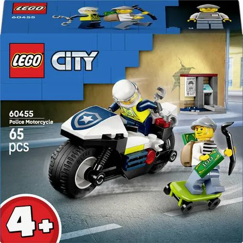 LEGO CITY Verfolgungsjagd mit dem Polizeimotorrad 60455 - Spielbausteine mit 65 Teilen, inkl. cooles Polizeimotorrad und Flucht-Skateboard, ideal für kreative Rollenspiele und einfaches Zusammenbauen mit der LEGO Builder App.