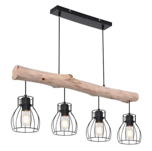 Globo 15326-4N Design Decken Hänge Leuchte - Lampen im Retro Gitter-Design, aus Holz und Metall, individuell anpassbar mit E27 Leuchtmitteln für perfekte Lichtstimmung im Esszimmer.