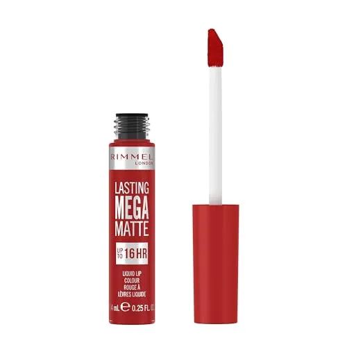 Rimmel London Lasting Mega Matte, flüssiger Lippenstift, langanhaltend, für weiche Lippen mit Finish Mega Matte, vegane Formel mit Squalan und Kokosöl – 500 Fire Starter, 7,4 ml