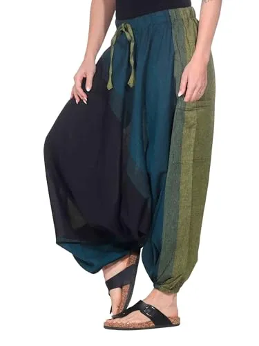 Kunst und Magie Unisex Haremshose OneSize in Lemon/Türkis - Bequeme Aladinhose aus 100 % Baumwolle mit dehnbarem Bund und klassischem indischen Schnitt, ideal für Freizeit und Entspannung.