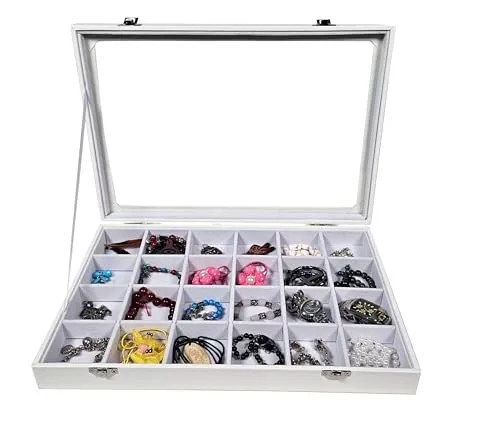 Schmuckkasten Schmucklade Schaukasten Schmuckdisplay mit Glasdeckel 24 Fächer weiss