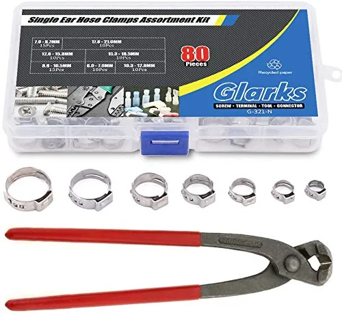 Glarks 80Pcs 7-21mm 304 Stainless Steel Single Ear Hose Clamps with Pincers Kit