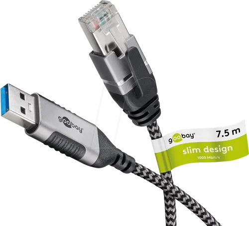 Ethernet-Kabel USB-A 3.0 auf RJ45, Slim, 7,5 m, mehrfarbig,Goobay