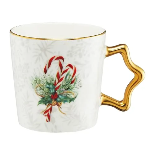 AMBITION Weihnachtstasse groß 390 ml Star Porzellanbecher mit Zuckerstangen Rand und Griff in Goldfarbe