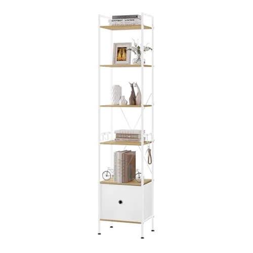 WOLTU 5-Ebenen Standregal mit Schublade – Modernes Bücherregal in Helle Eiche + Weiß