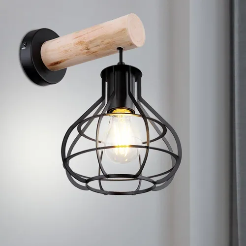 Moderne Wandleuchte im Gitterkäfig-Design - Lampen - Trendige Wandleuchte aus schwarzem Metall und Holz, ideal für eine stilvolle Lichtatmosphäre. E27 Fassung für individuelle Leuchtmittelwahl bis 60 Watt.