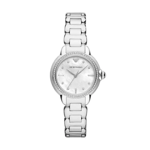 Emporio Armani AR11596 Damenuhr mit Perlmutt Zifferblatt - Armbanduhren für Damen, elegante Quarz-Uhr mit 50 m Wasserdichtigkeit und stilvollem Edelstahlarmband, ideal für jeden Anlass.