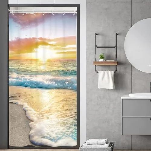 Riyidecor Kleiner Duschvorhang, halber Sommer, 91.4 x 182.9 cm, klein, schmal, Ozean, Strand, Küste, Hawaii, Sonnenaufgang, Meereswelle, Meer, Landschaft, Insel, blau, wasserdicht, 7 Stück Haken