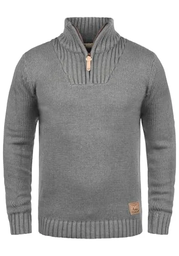 !Solid SDPetro Herren Strickpullover Troyer Grobstrick Pullover mit Troyerkragen Rippbündchen Label-Details Baumwollmischung Regular fit, Größe:3XL, Farbe:Grey Melange (8236)