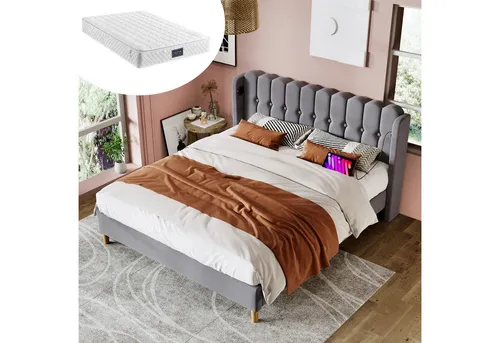 Odikalo Polsterbett Jugendbett mit USB - Rosa/Grau - Stylisches Einzelbett mit rosa Samtbezug und Waben-Design, ideal für ein gemütliches Jugendzimmer. Robuste Konstruktion und einfache Selbstmontage für langfristige Freude.