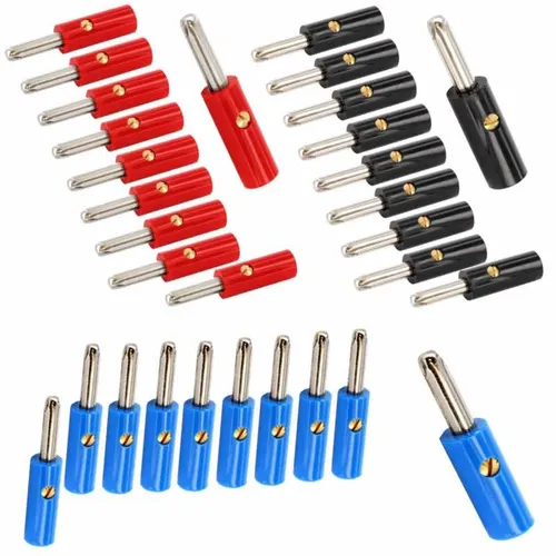Sortiment 4mm Bananenstecker, Schraubanschluss, 16A/60V, je 10x rot/schwarz/blau